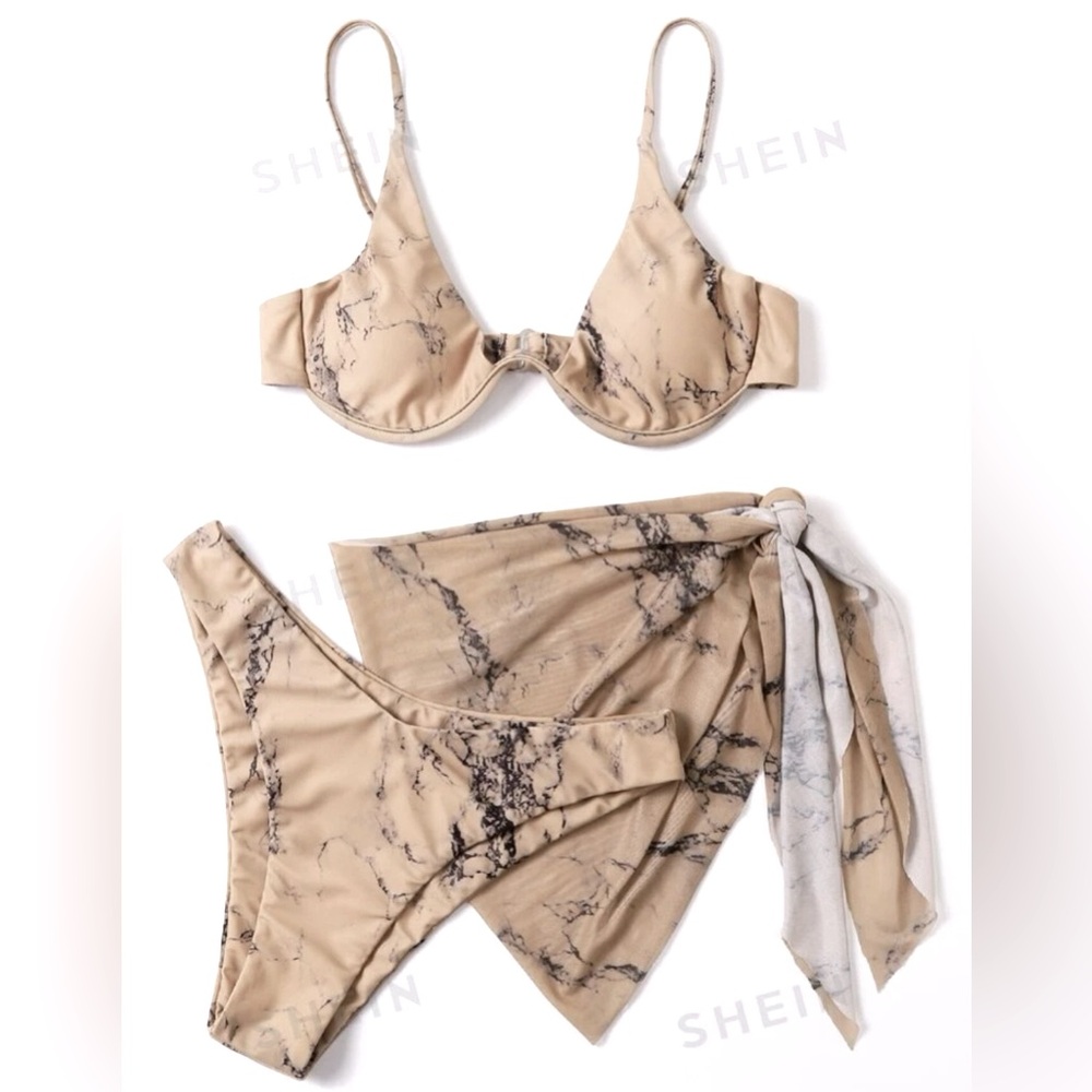 SHEIN Swim Marble Print Bikini Set 3 Piece Bathing Suit